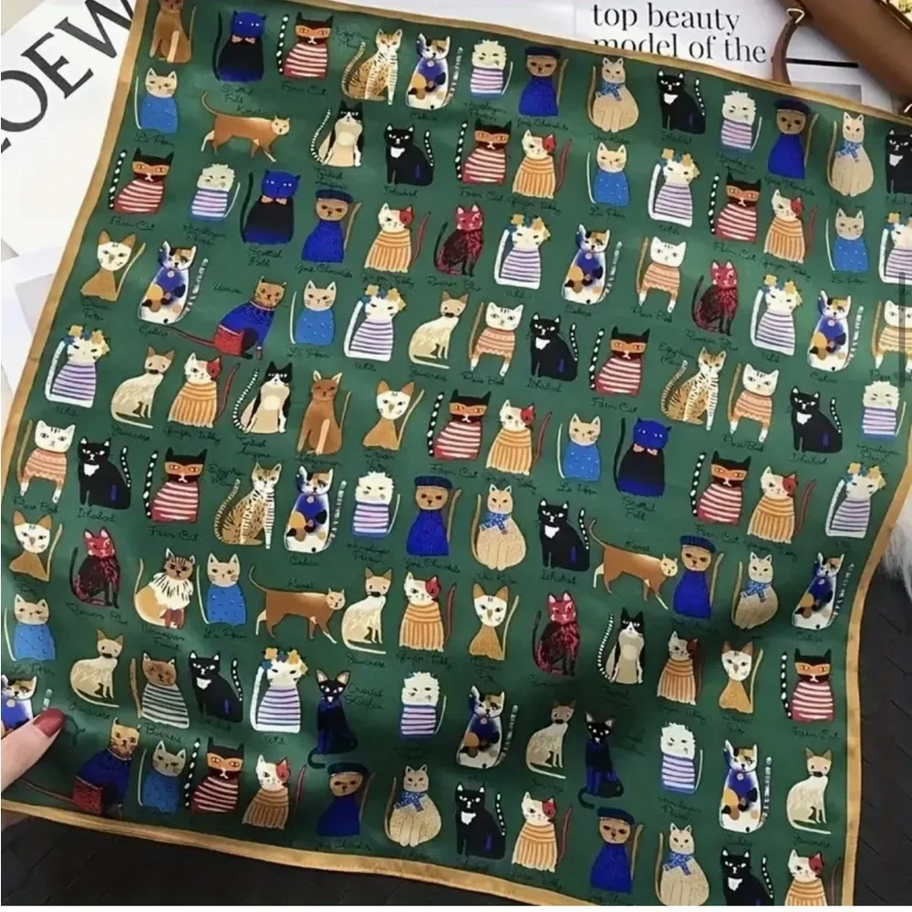 Cat Breeds Cartoon Whimsical Printed Square 27.5” Scarf, Green